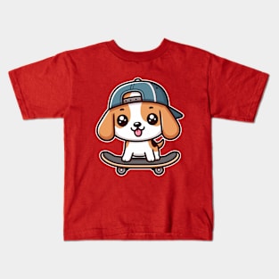 Kawaii Beagle Puppy On Skateboard Cute Skater Dog Lover Kids T-Shirt